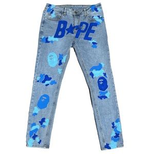 “BAPE” Inspired Men's Custom Hand Painted Graphic Blue Denim Jeans